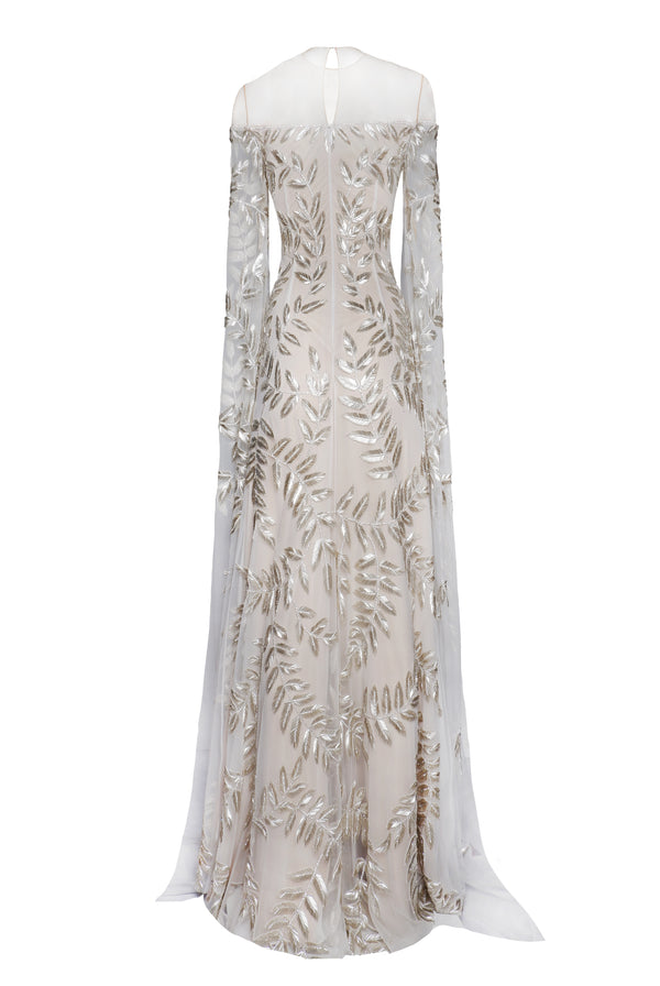 Naeem Khan ILLUSION NECKLINE FIT AND FLARE GOWN W/ CASCADING SLEEVES