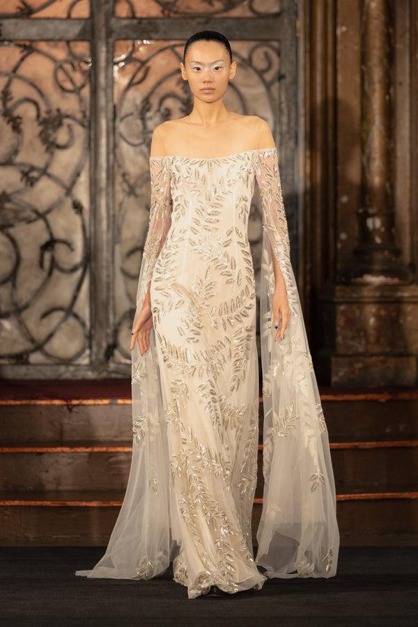 naeem khan ILLUSION NECKLINE FIT AND FLARE GOWN W/ CASCADING SLEEVES