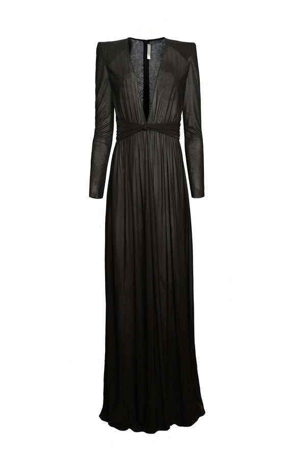 Naeem Khan JERSEY V NECK GOWN WITH BACK EMBROIDERY DETAIL