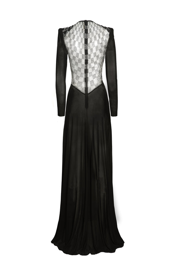 Naeem Khan JERSEY V NECK GOWN WITH BACK EMBROIDERY DETAIL