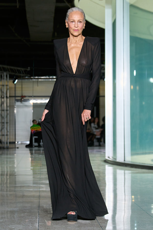 naeem khan JERSEY V NECK GOWN WITH BACK EMBROIDERY DETAIL