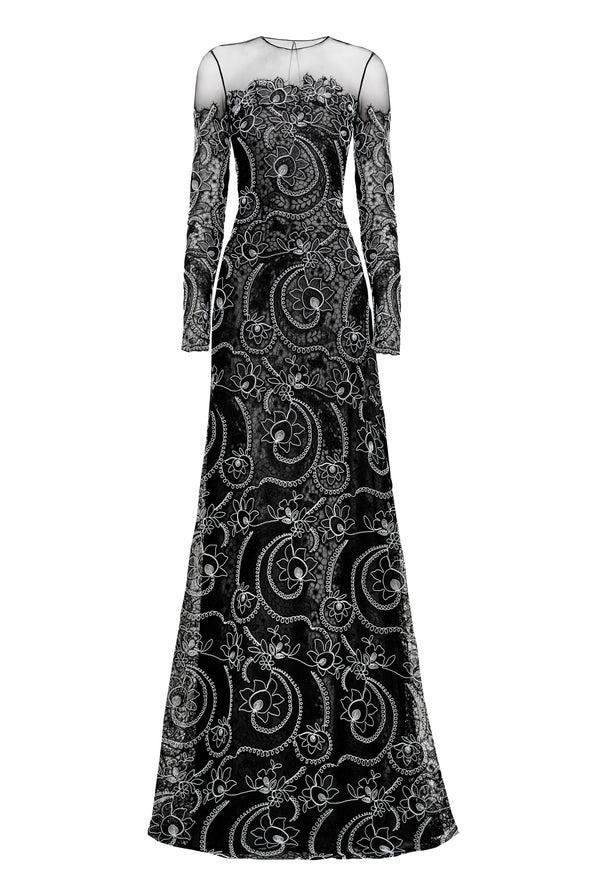 Naeem Khan JEWEL NECK A-LINE GOWN WITH LONG SLEEVES