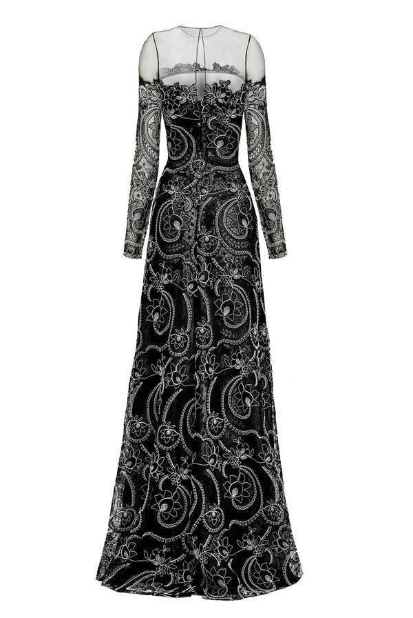 Naeem Khan JEWEL NECK A-LINE GOWN WITH LONG SLEEVES