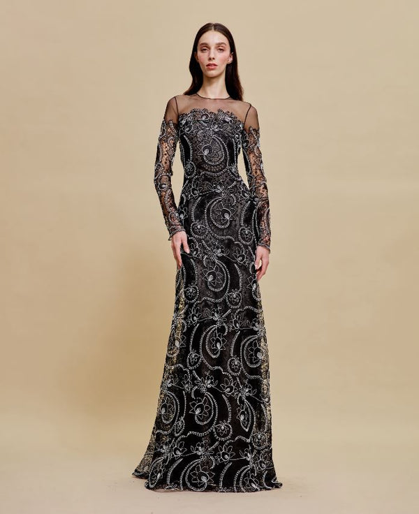 naeem khan JEWEL NECK A-LINE GOWN WITH LONG SLEEVES