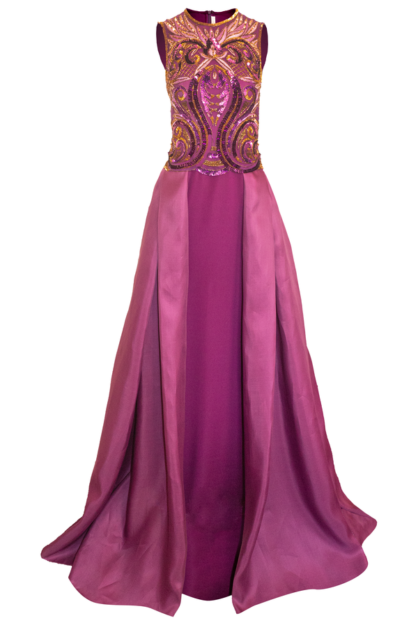 Naeem Khan JEWEL NECK EMBELLISHED CREPE COLUMN GOWN