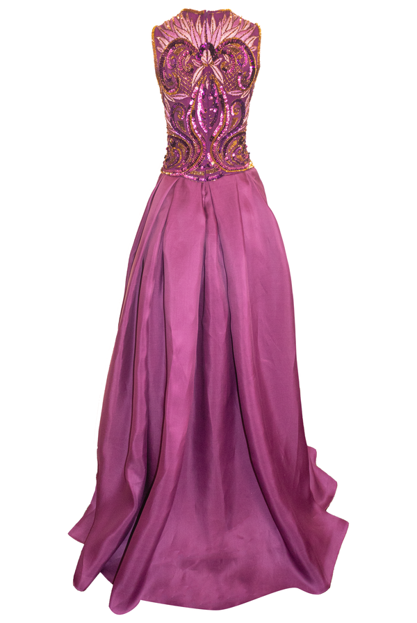 Naeem Khan JEWEL NECK EMBELLISHED CREPE COLUMN GOWN