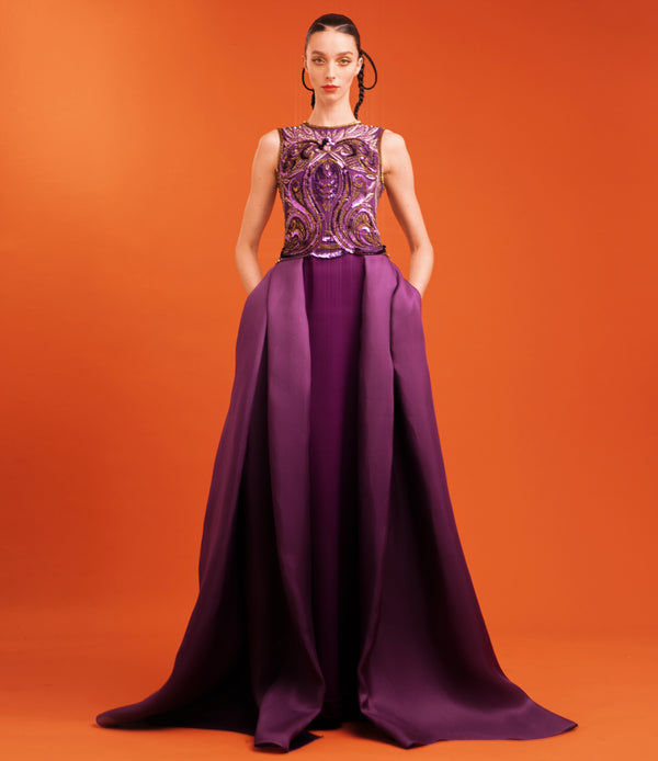 naeem khan JEWEL NECK EMBELLISHED CREPE COLUMN GOWN