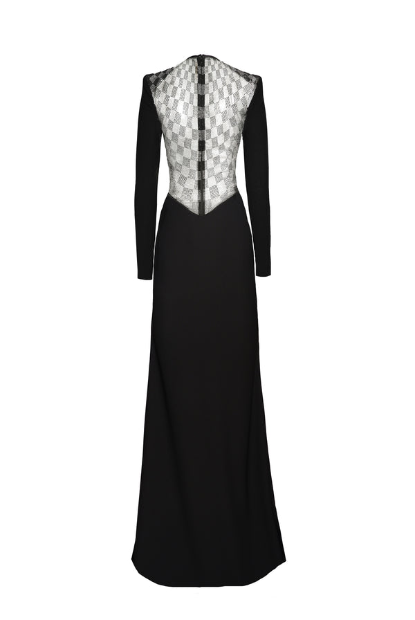 Naeem Khan JEWEL NECK GOWN WITH LONG SLEEVES AND BEADED BACK DETAIL