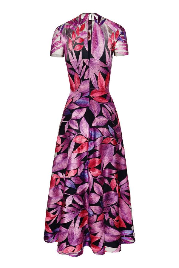Naeem Khan JEWEL NECK SHORT SLEEVE TEA-LENGTH DRESS