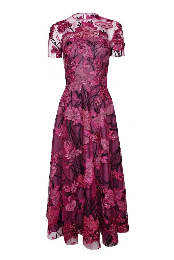 naeem khan JEWEL NECK SHORT SLEEVE TEA-LENGTH DRESS