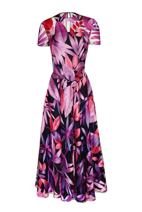 naeem khan JEWEL NECK SHORT SLEEVE TEA-LENGTH DRESS