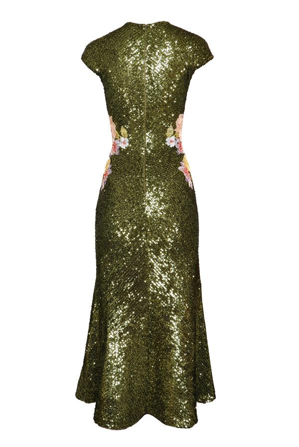 Naeem Khan JEWEL NECK STRETCH SEQUIN TEA-LENGTH DRESS