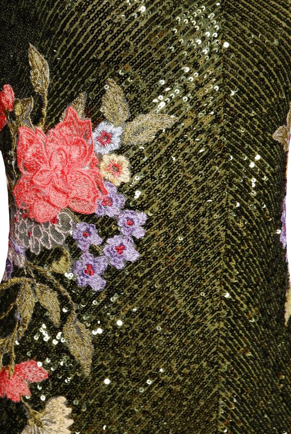 Naeem Khan JEWEL NECK STRETCH SEQUIN TEA-LENGTH DRESS