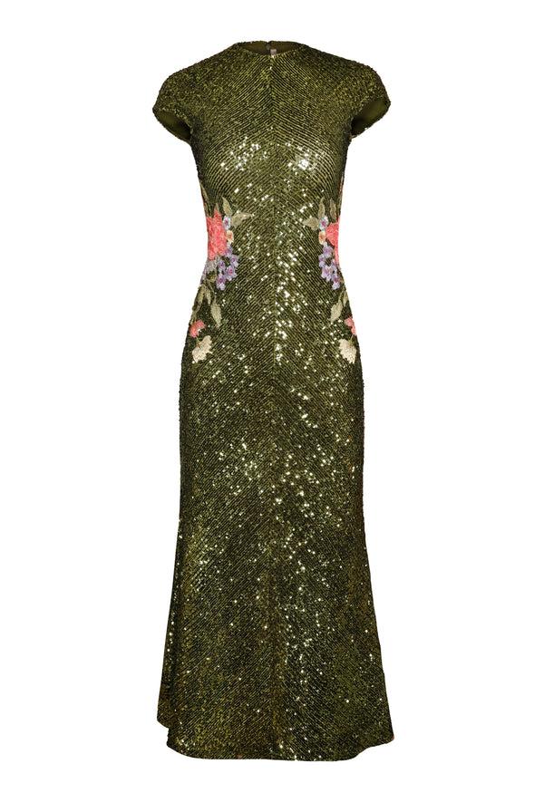 naeem khan JEWEL NECK STRETCH SEQUIN TEA-LENGTH DRESS