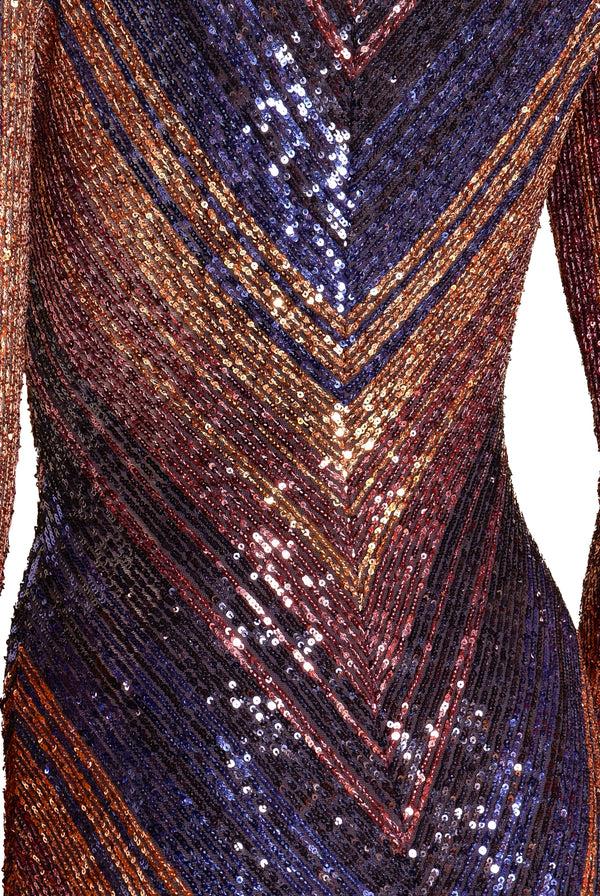 Naeem Khan L/S V-NECK FIT AND FLARE GOWN BIAS WITH CF SEAM