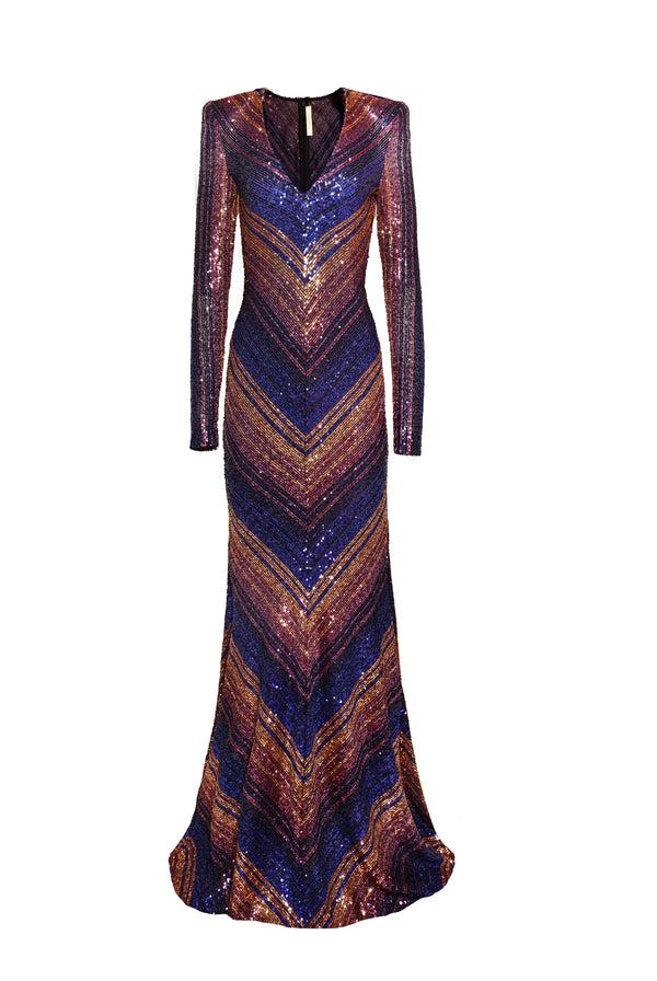 Naeem Khan L/S V-NECK FIT AND FLARE GOWN BIAS WITH CF SEAM