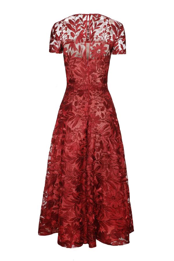 Naeem Khan LACE BOAT NECK SHORT SLEEVE TEA-LENGTH DRESS