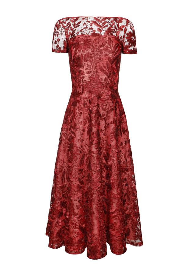 Naeem Khan LACE BOAT NECK SHORT SLEEVE TEA-LENGTH DRESS