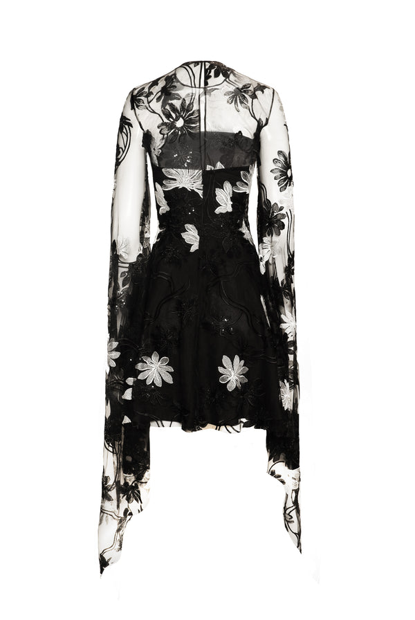 Naeem Khan LACE JEWEL NECK DRESS WITH CASCADING SLEEVES