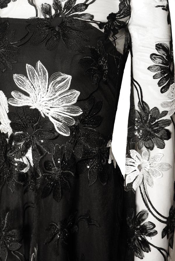 Naeem Khan LACE JEWEL NECK DRESS WITH CASCADING SLEEVES