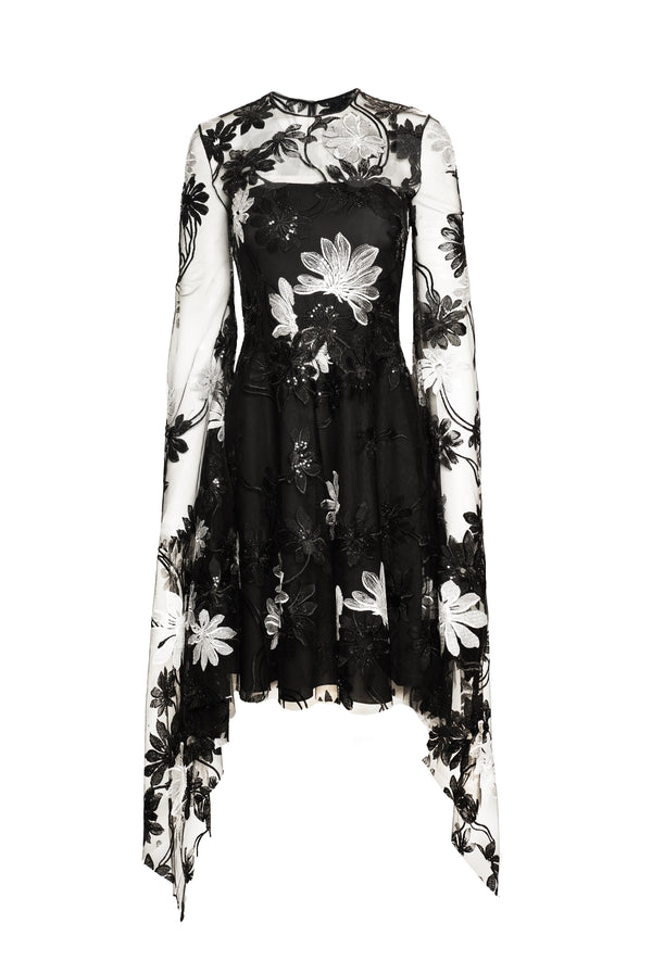 naeem khan LACE JEWEL NECK DRESS WITH CASCADING SLEEVES