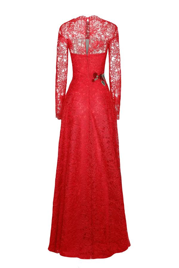 Naeem Khan LACE JEWEL NECK FIT-AND-FLARE GOWN WITH CAP SLEEVES