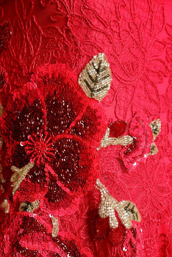 Naeem Khan LACE JEWEL NECK FIT-AND-FLARE GOWN WITH CAP SLEEVES