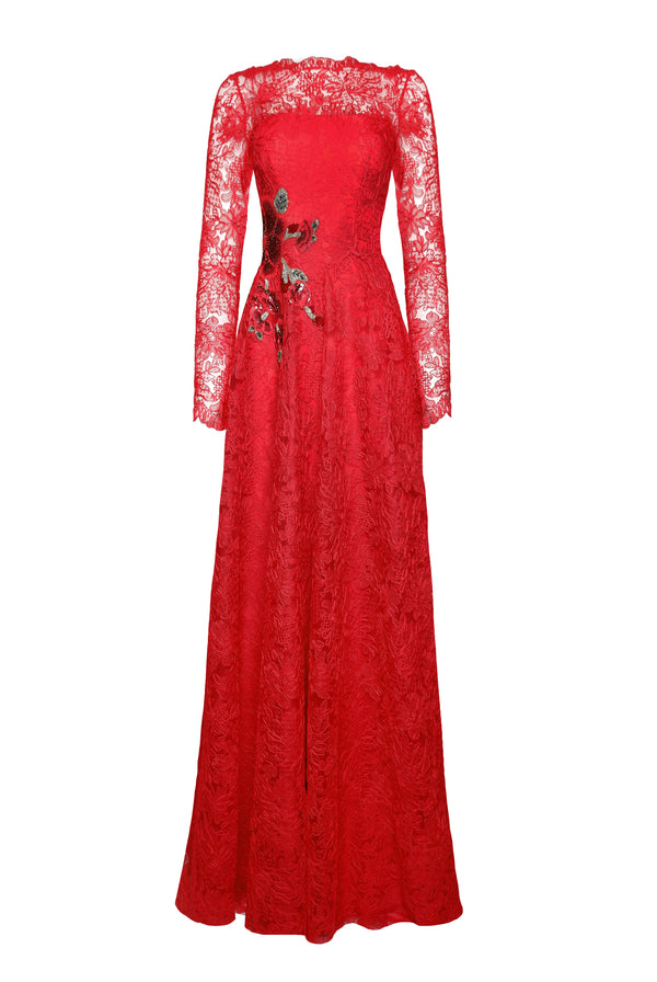 naeem khan LACE JEWEL NECK FIT-AND-FLARE GOWN WITH CAP SLEEVES