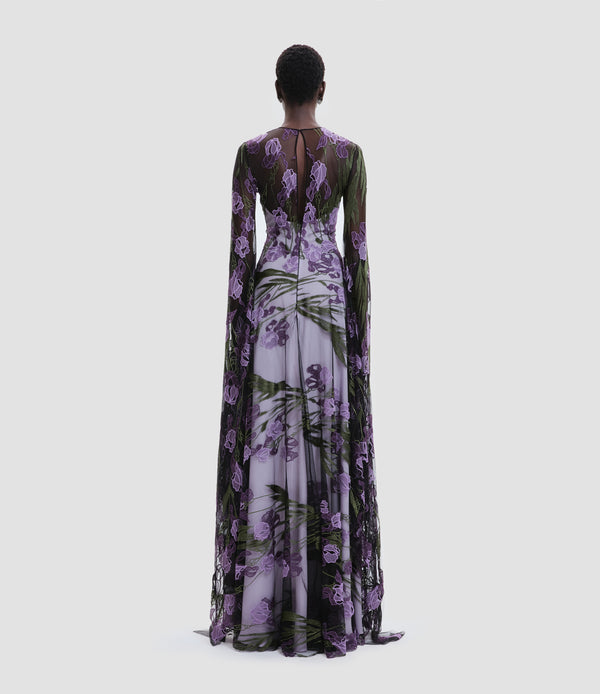 Naeem Khan LACE JEWEL NECK GOWN WITH CASCADING SLEEVES