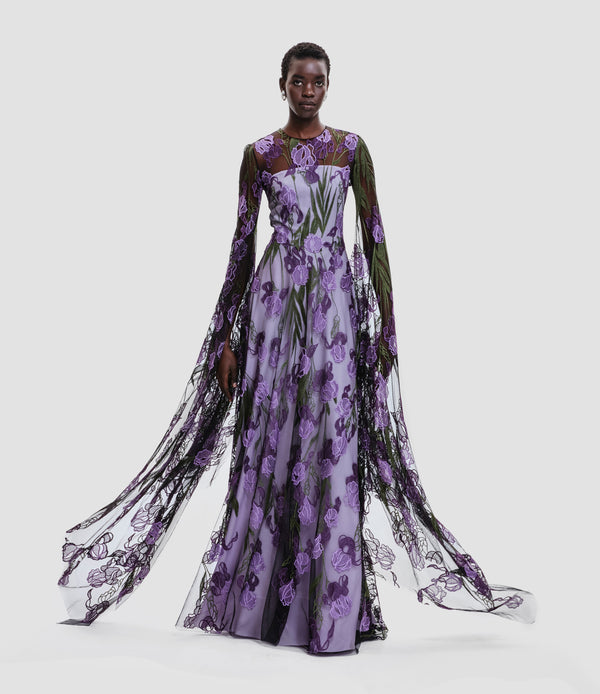 naeem khan LACE JEWEL NECK GOWN WITH CASCADING SLEEVES