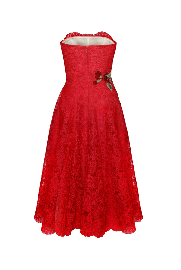 Naeem Khan LACE JEWEL NECK SLEEVELESS TEA-LENGTH DRESS