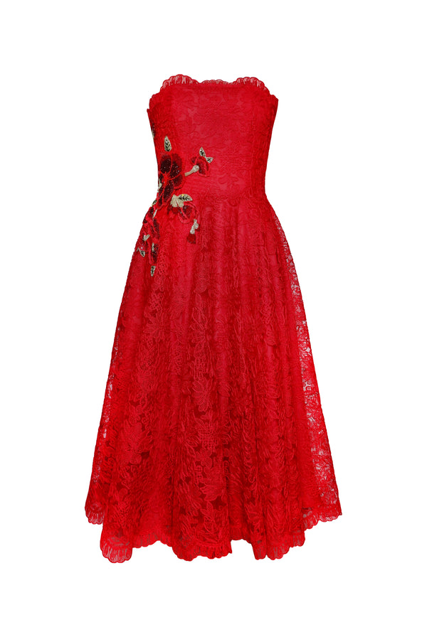 Naeem Khan LACE JEWEL NECK SLEEVELESS TEA-LENGTH DRESS