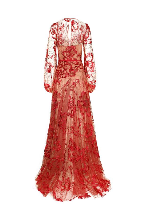 Naeem Khan LACE V-NECK FULL SKIRT GOWN WITH BLOUSON SLEEVES