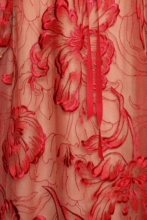 Naeem Khan LACE V-NECK FULL SKIRT GOWN WITH BLOUSON SLEEVES