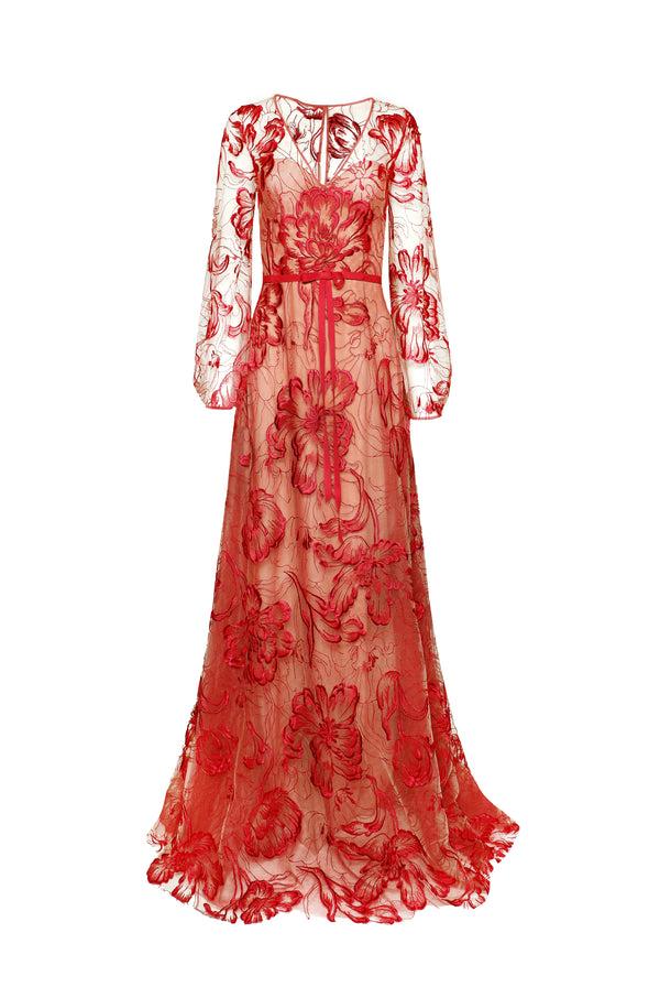 Naeem Khan LACE V-NECK FULL SKIRT GOWN WITH BLOUSON SLEEVES