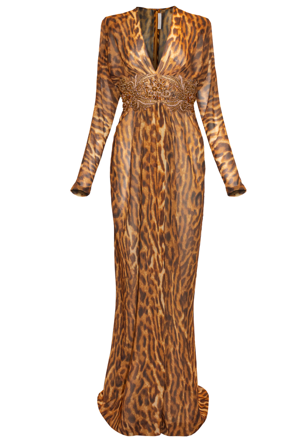 Naeem Khan LEOPARD PRINT CHIFFON GOWN WITH EMBROIDERY DETAIL
