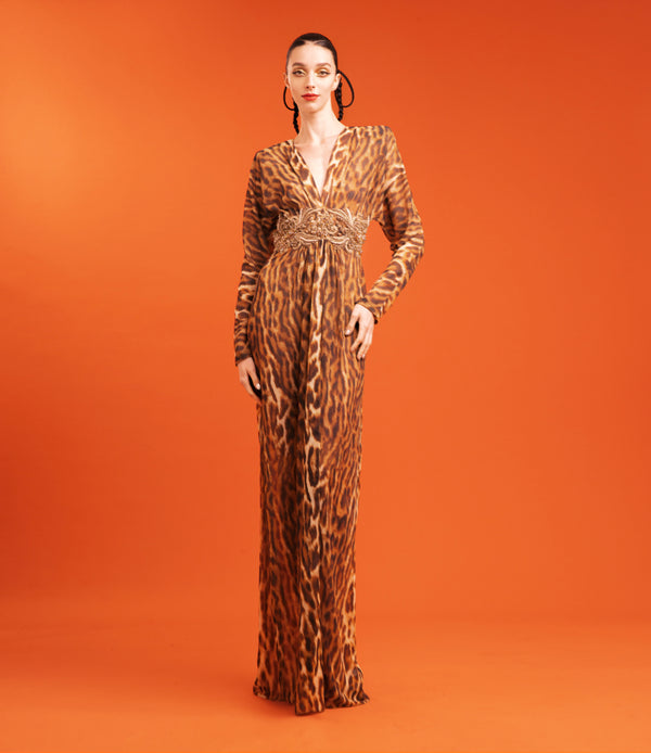 naeem khan LEOPARD PRINT CHIFFON GOWN WITH EMBROIDERY DETAIL