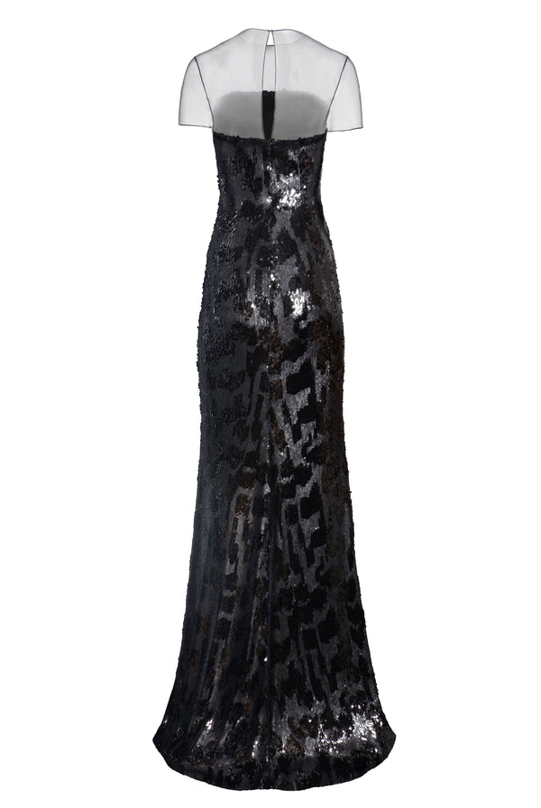 Naeem Khan LEOPARD STRETCH SEQUIN ILLUSION NECKLINE FIT-AND-FLARE GOWN