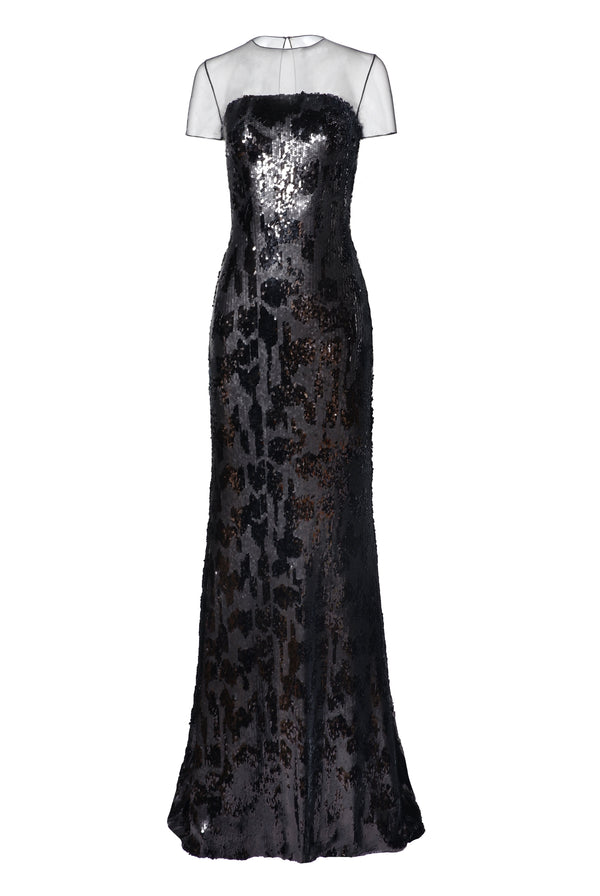 Naeem Khan LEOPARD STRETCH SEQUIN ILLUSION NECKLINE FIT-AND-FLARE GOWN