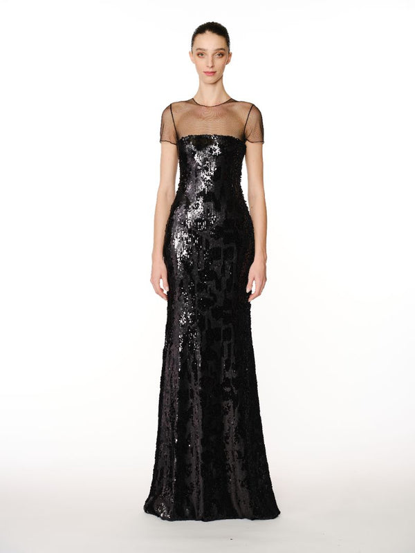 naeem khan LEOPARD STRETCH SEQUIN ILLUSION NECKLINE FIT-AND-FLARE GOWN