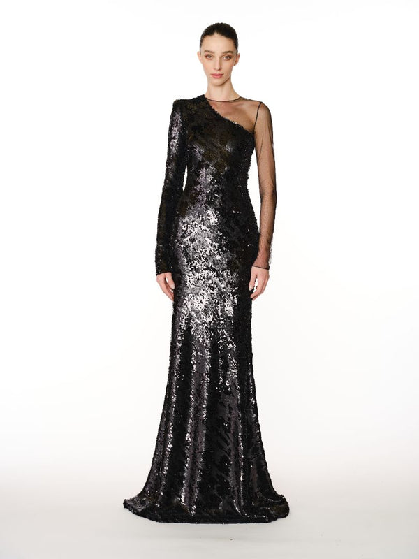 naeem khan LEOPARD STRETCH SEQUIN ILLUSION ONE SHOULDER GOWN