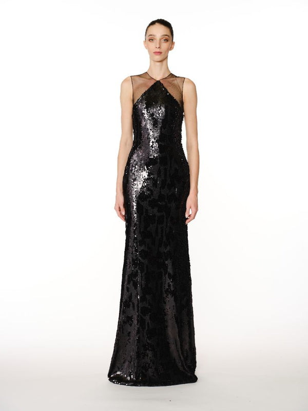 naeem khan LEOPARD STRETCH SEQUIN JEWEL NECK SLEEVELESS COLUMN GOWN