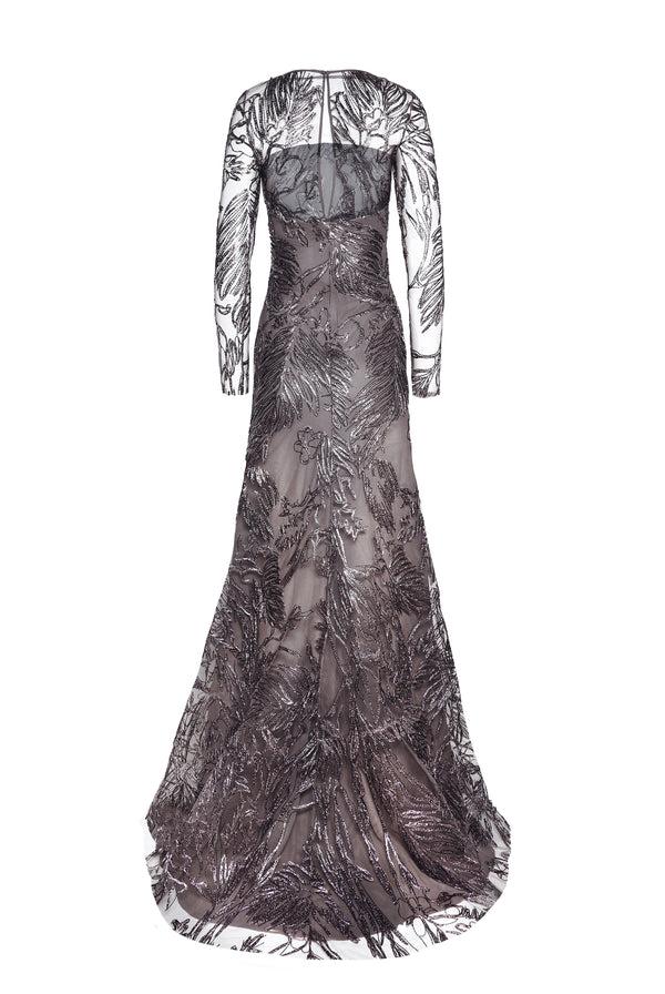 Naeem Khan METALLIC RAFFIA BOAT NECK FIT AND FLARE GOWN WITH LONG SLEEVES