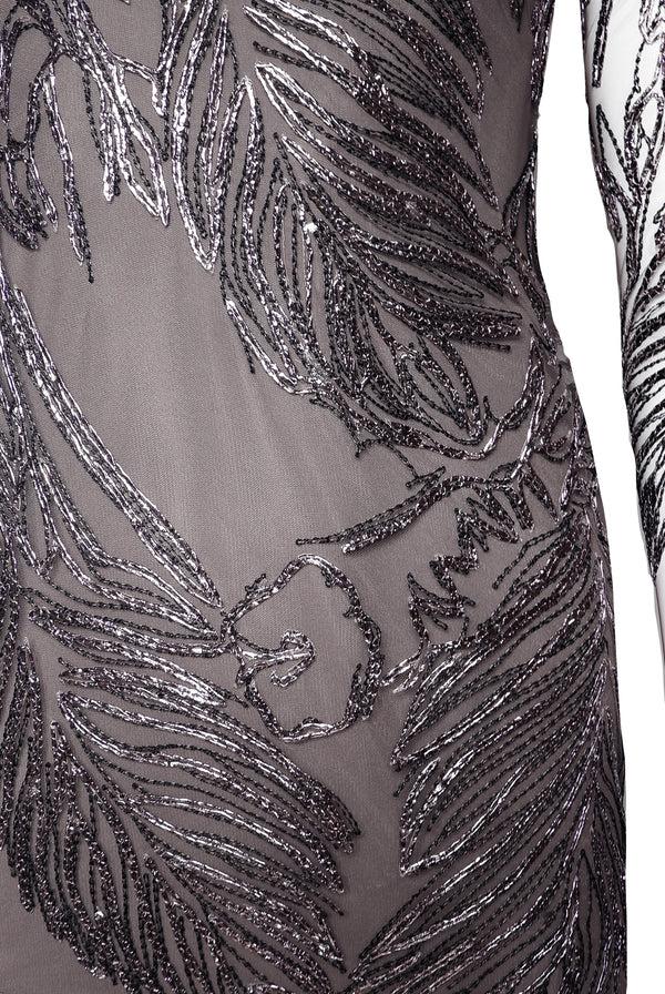 Naeem Khan METALLIC RAFFIA BOAT NECK FIT AND FLARE GOWN WITH LONG SLEEVES