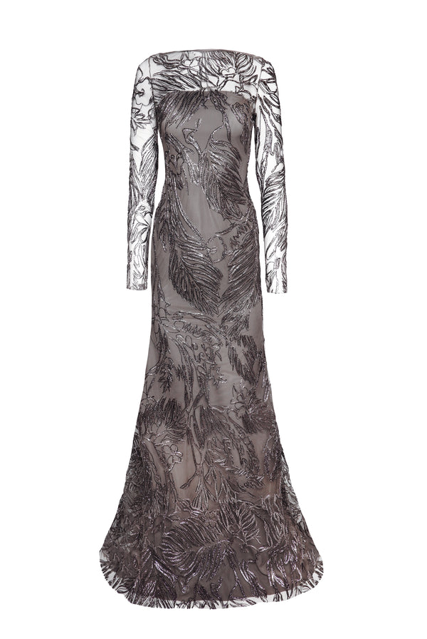 naeem khan METALLIC RAFFIA BOAT NECK FIT AND FLARE GOWN WITH LONG SLEEVES