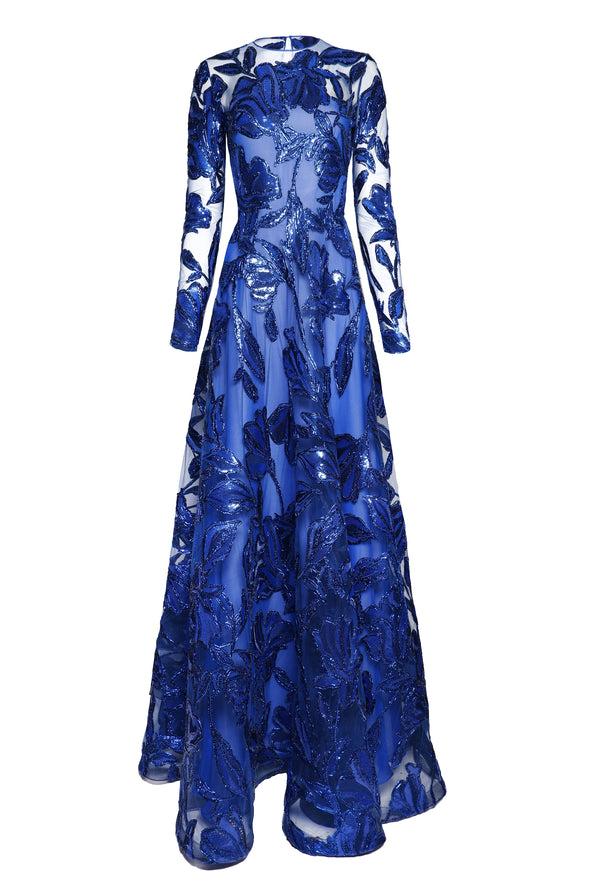 Naeem Khan METALLIC RAFFIA BOAT NECK LONG SLEEVE GOWN