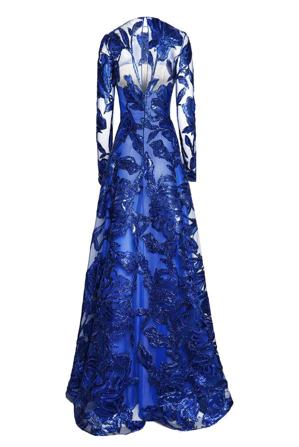 Naeem Khan METALLIC RAFFIA BOAT NECK LONG SLEEVE GOWN