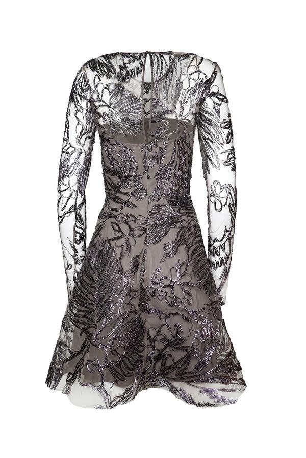 Naeem Khan METALLIC RAFFIA JEWEL NECK DRESS WITH LONG SLEEVES