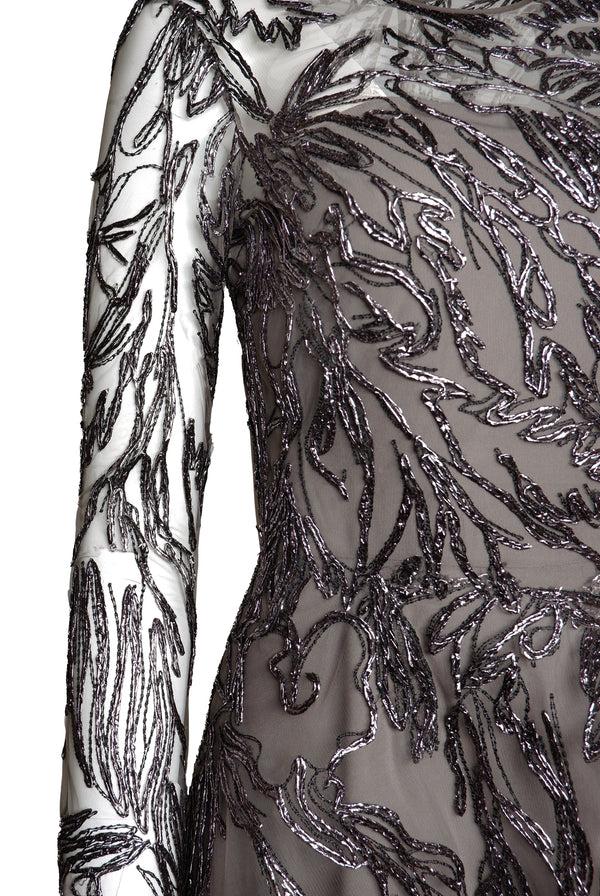 Naeem Khan METALLIC RAFFIA JEWEL NECK DRESS WITH LONG SLEEVES