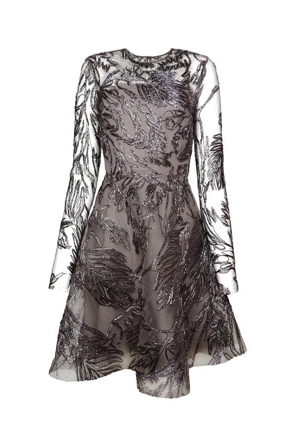 Naeem Khan METALLIC RAFFIA JEWEL NECK DRESS WITH LONG SLEEVES